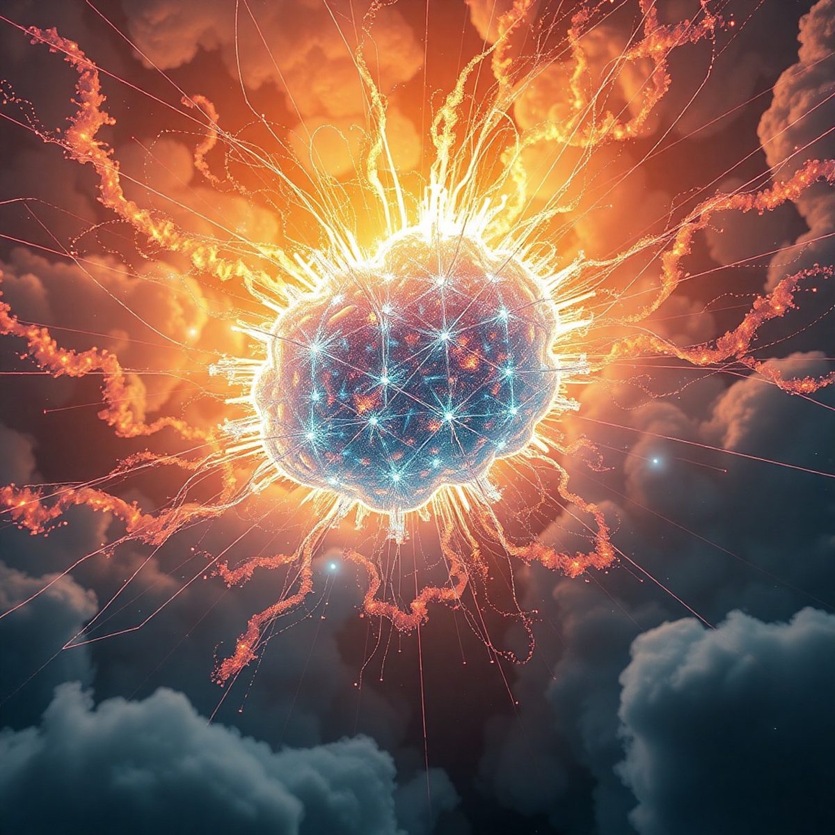 artificial intelligence, neurons, network, explosion, light, creativity, energy, future, thinking, electric, clouds, blu
