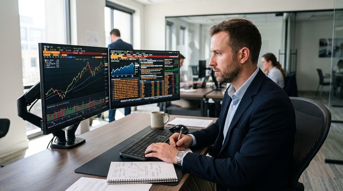 man, computer, trading, statistics, monitor, chart, stock exchange, investment, office, business, man in suit, modern of