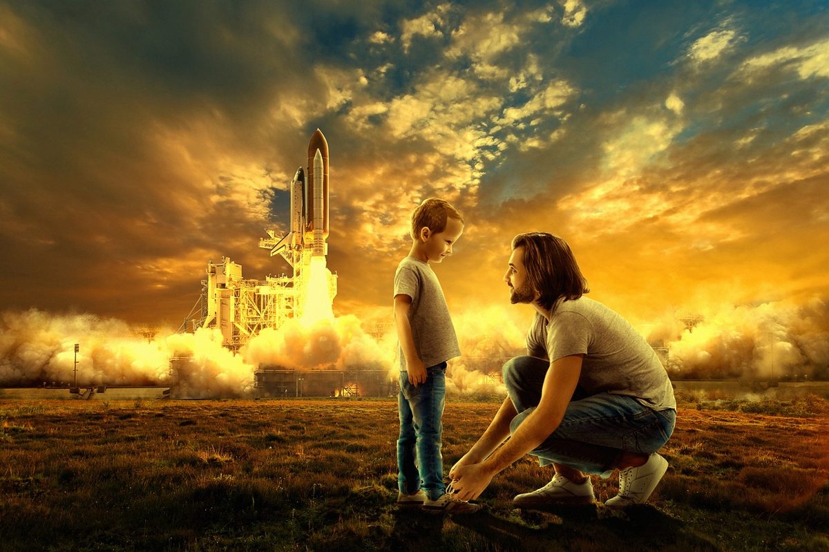 father-day, rocket, digital art, flying, universe, technology, fantasy, sci-fi, planet, galaxy, travel, sky, earth, spac