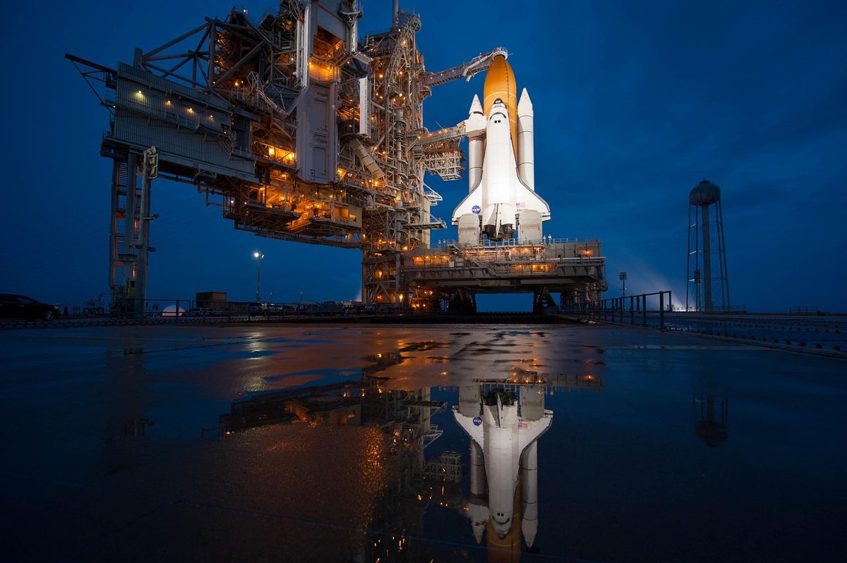 cape canaveral, florida, space shuttle, launch pad, ship, space, sky, clouds, nights, evening, lights, wet, water, refle